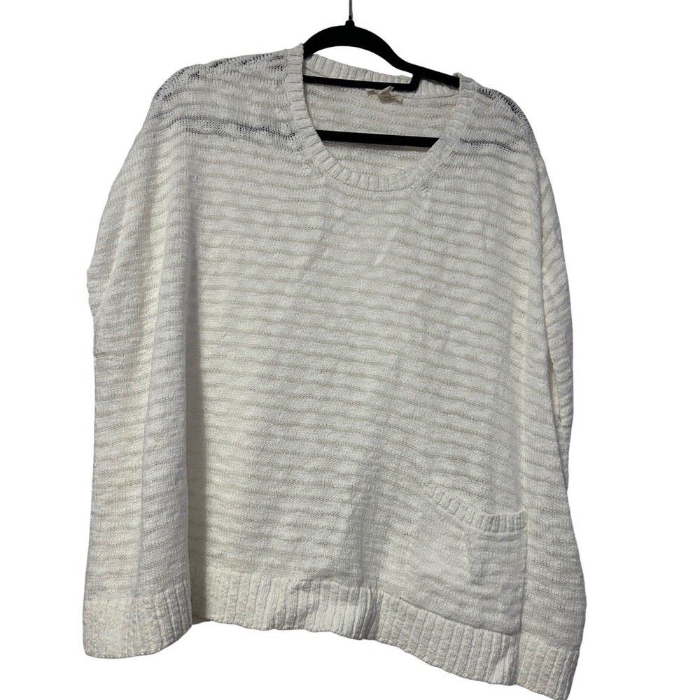 Eileen Fisher White Organic Cotton Ribbed Knit Oversized Sweater Pocket Medium